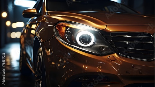 A close-up photorealistic image of a car headlight, showcasing intricate details like the lens texture, reflections, and light beams. The background features a dark environment to emphasize the headli