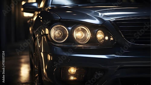 A close-up photorealistic image of a car headlight, showcasing intricate details like the lens texture, reflections, and light beams. The background features a dark environment to emphasize the headli photo