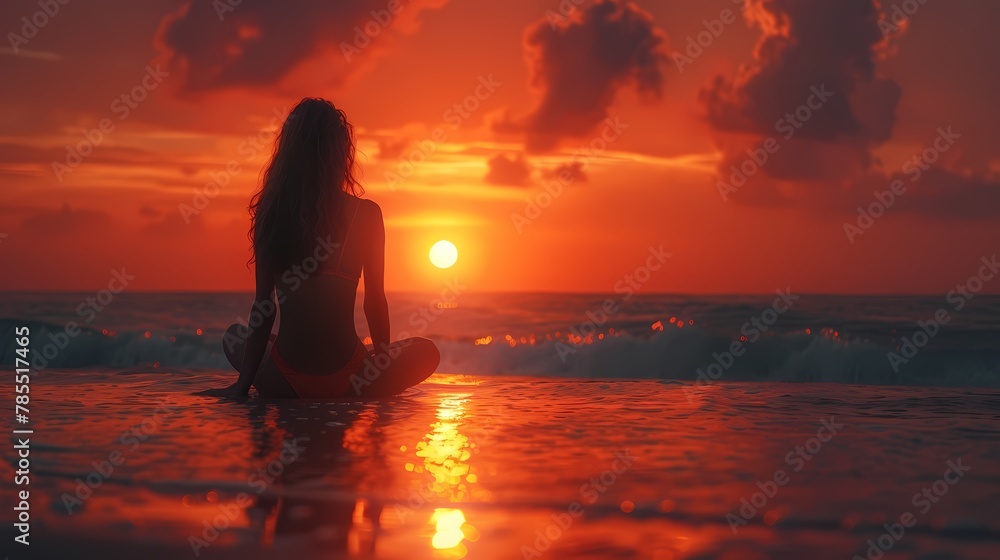 A silhouette of a person sitting on a beach, watching the sunset, evoking a sense of peace and tranquility