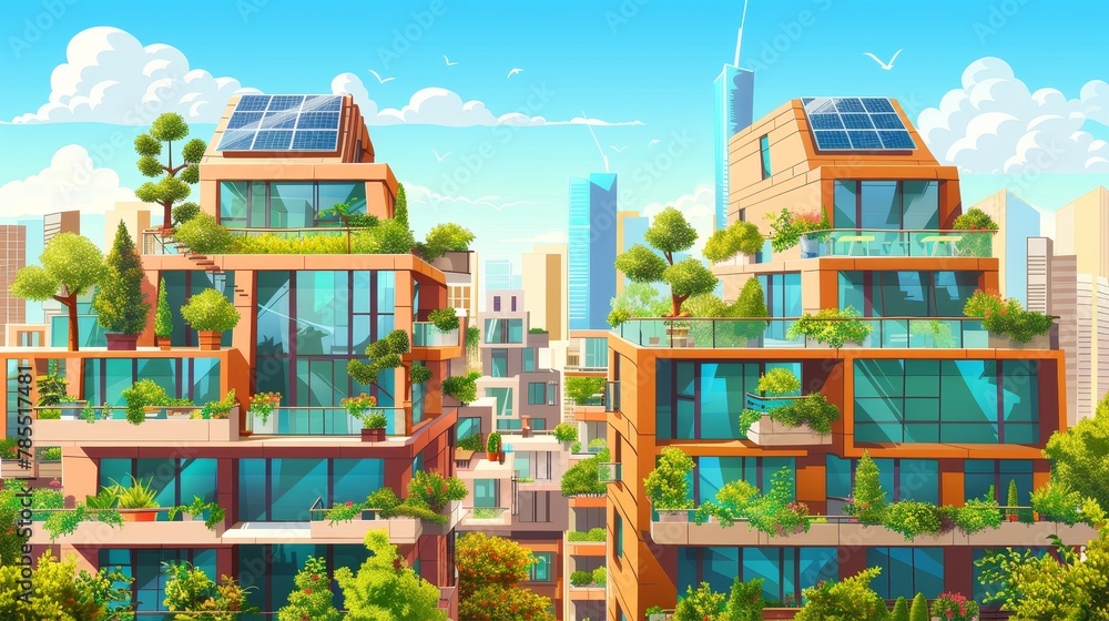 Cityscape modern illustration with solar panels on houses and green plants on rooftops and balconies of an eco-friendly city district.