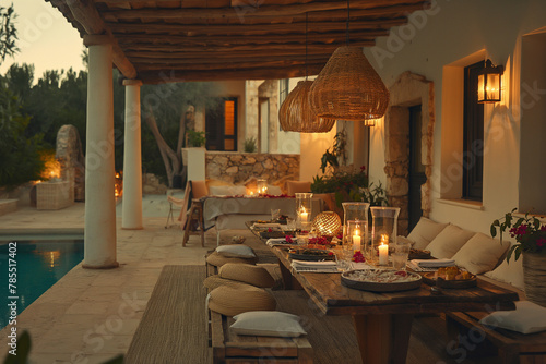 Large terrace with a dining table and outdoor kitchen, covered by a thatched roof in the style of white concrete architecture. Ibiza landscape. Pool.