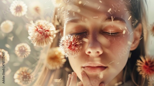 Young Woman s Sneeze with Surrounding Allergen Flowers Emphasizing Allergy Season and Care photo