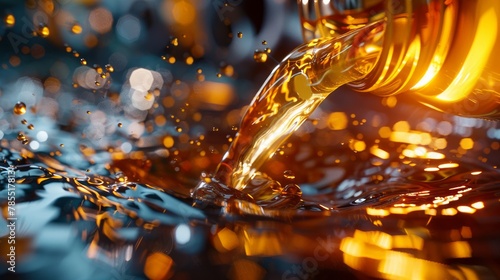 Stream of golden motor oil pouring into a car's engine bay
