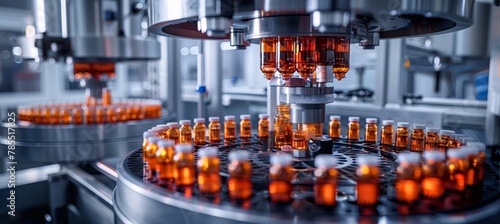 Automated pharmaceutical production line with glass bottles on conveyor belt in factory setting