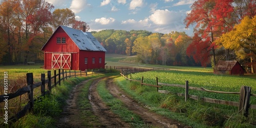 In the rural countryside, a picturesque scene unfolds: red barns amidst lush green fields, framed by autumn foliage. photo