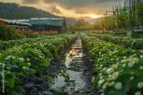 In the rural landscape, spring rain nourishes the strawberry fields, ensuring a fruitful harvest. photo