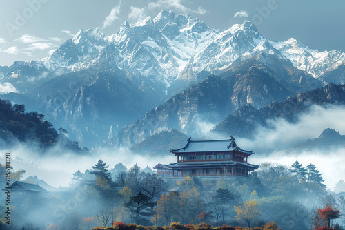 In the picturesque landscape, ancient pagodas adorn snow-capped mountains, reflecting in tranquil ponds.