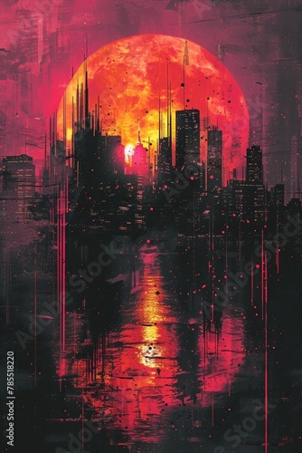In a vibrant cityscape painting, skyscrapers pierce the skyline under a moonlit night, creating a futuristic urban fantasy.