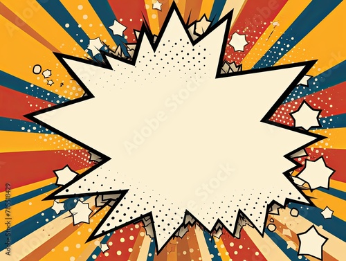 Tan background with a white blank space in the middle depicting a cartoon explosion with yellow rays and stars. The style is comic book vector 