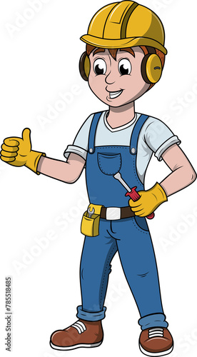 Hombre estilo cartoon usando ropa y equipo de protección para trabajos de construcción. photo