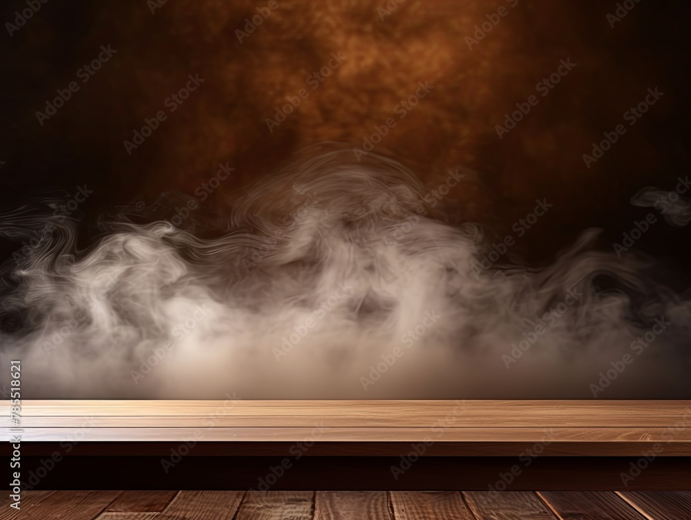 tan background with a wooden table and smoke. Space for product presentation, studio shot, photorealistic, high resolution image with soft lighting