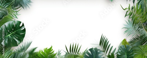 White frame background, tropical leaves and plants around the white rectangle in the middle of the photo with space for text