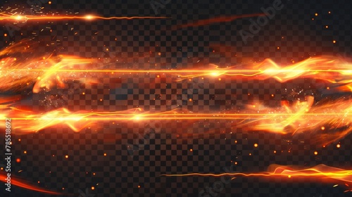 Flame streaks with sparks, abstract bright glowing lines. Modern realistic set of flame streaks, horizontal straight lines with orange light and sparkles on transparent background.