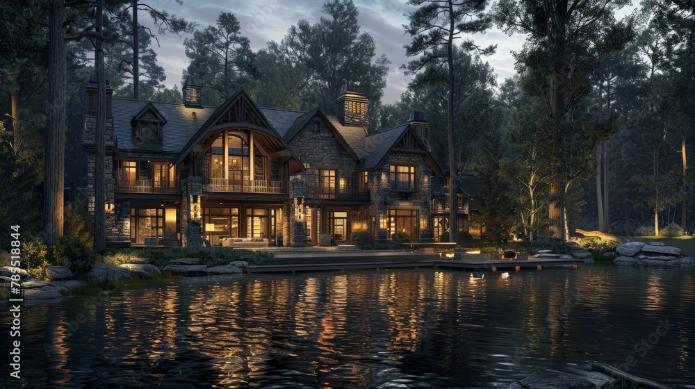 Large house overlooking lake and forest