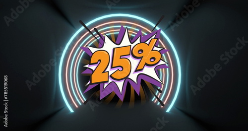 Image of 25 percent text and neon circles on black background