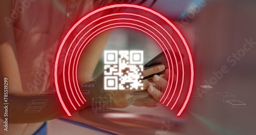 Image of qr code and neon circles over hands of asian woman using smartphone