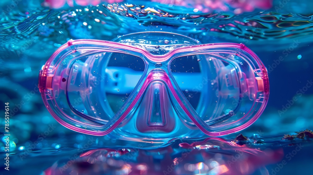 Diving mask and snorkel in bright blue and pink hues Diving mask and snorkel in bright blue and pink hues