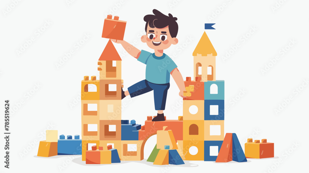 Boy build a castle with wooden blocks building game.