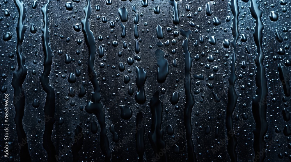 . Sliding rain droplets on dark window surface. Abstract texture, pure aqua blobs pattern, realistic 3d modern illustration. - obrazy, fototapety, plakaty 