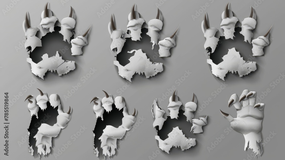 Illustration of claw marks on glossy metallic surface from wild animals. Hole in iron sheet with torn edges. Monster attack. Illustration of claw marks on glossy metallic surface from wild animals. Hole in iron sheet with torn edges. Monster attack.