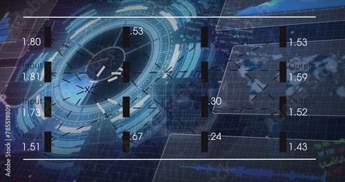 Image of processing circle, graphs and financial data on digital screen