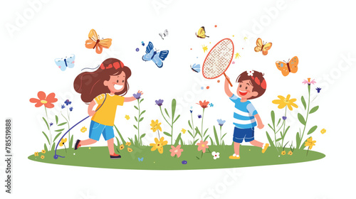 Boy girl kids walk run pick flowers catch butterflies