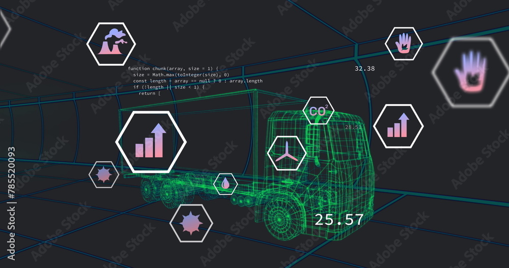 Fototapeta premium Image of digital icons over 3d model of a truck moving against blue background