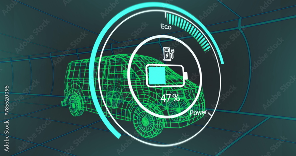 Naklejka premium Image of speedometer over 3d model of a van moving against blue background