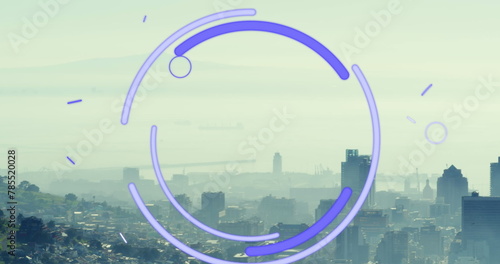 Image of scope scanning with purple trails processing over cityscape