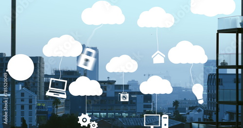 Image of clouds with electronic devices over cityscape