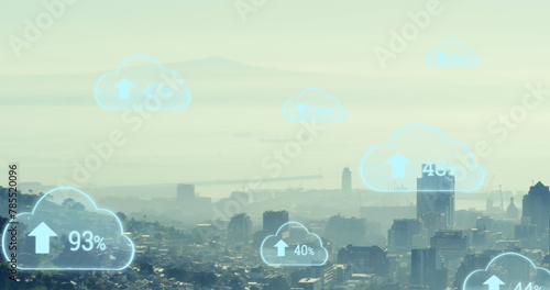 Image of multiple cloud icons with increasing percentage against aerial view of cityscape