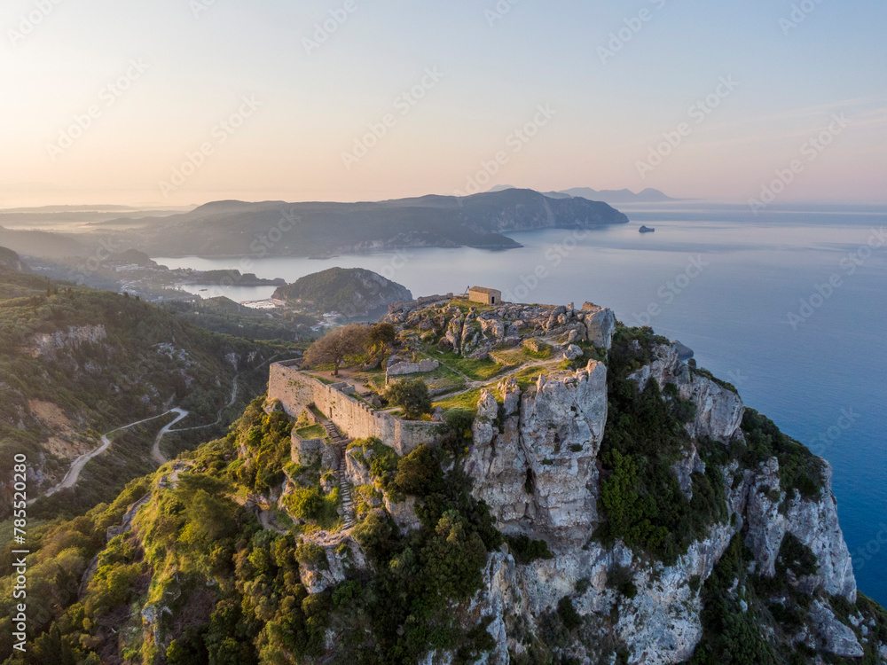 Aerial view of a Byzantine Angelokastro castle on the island of Corfu