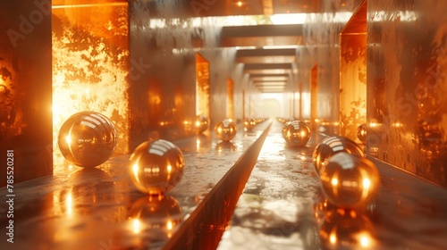 Reflective orbs in a metallic corridor with warm tones