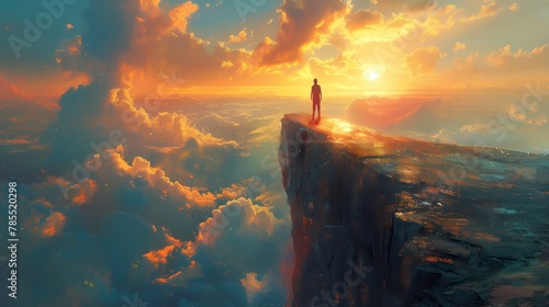 A solitary figure standing on a cliff edge, arms outstretched to the sky, conveying a sense of freedom and exhilaration