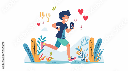 Boy kid jogging using fitness tracker. Athlete child