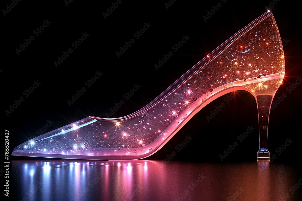 A high heeled shoe adorned with silver stars on a black background, standing out with its glamorous and unique design. - obrazy, fototapety, plakaty 