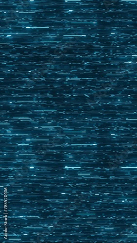 Digital pattern with neon blue running lines. Loopable hi tech abstract light blue technology background. Seamless reversible loop of program code moving in cyberspace. AI, big data transfer. Vertical