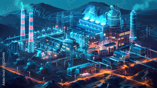 Concept illustration, factory on dark blue background, symbol of industry, engineering, and manufacturing.