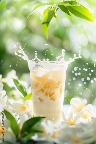 a milkshake in a glass cup on a background of white flowers. A mockup to advertise a milkshake or bubble tea with splashes in the sunlight