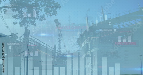 Image of financial data processing and wind turbines over building site