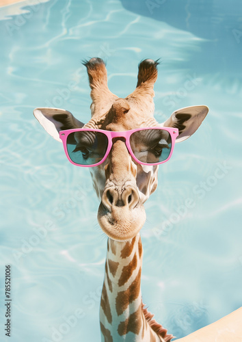 portrait of a giraffe in pink glasses in the form of hearts chewing an apple. The muzzle of a Cheerful giraffe with an apple in glasses. funny giraffe