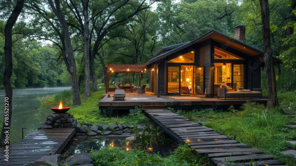 Obraz premium Small cabin with deck and fire pit by the lake