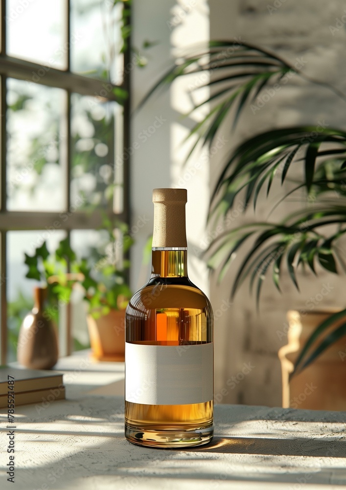 Standing bottle, label mockup, bottle of whisky on table, food luxury bar drink establishment sunlight Standing bottle, label mockup, bottle of whisky on table, food luxury bar drink establishment sunlight