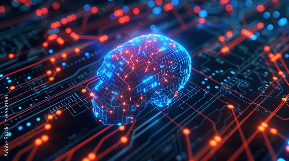 Artificial intelligence, human head on circuit board, electricity circuit board internet human brain connection Artificial intelligence, human head on circuit board, electricity circuit board internet human brain connection