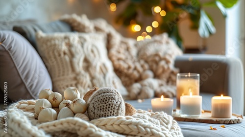 Cocooning concept, cozy living room with candles and cozy blanket, home interior table pillow winter fire