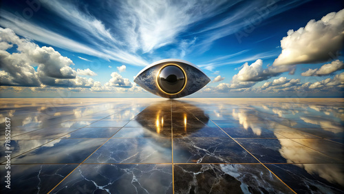 The surreal scene shows a large eye-shaped object floating above a perfectly reflective surface under a dynamic cloudy sky. The reflective surface appears to be water.AI generated.