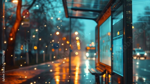Citylights, bus stop in rain, defocused architecture window building exterior