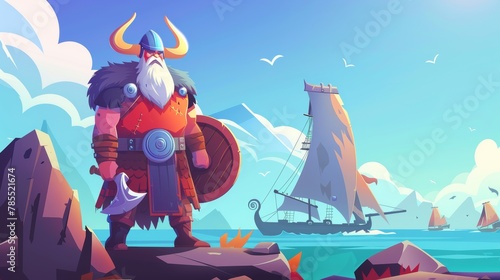 Cartoon Viking character with beard wearing horned helmet and round shield standing on northern rocky landscape with moored ship. Modern illustration.