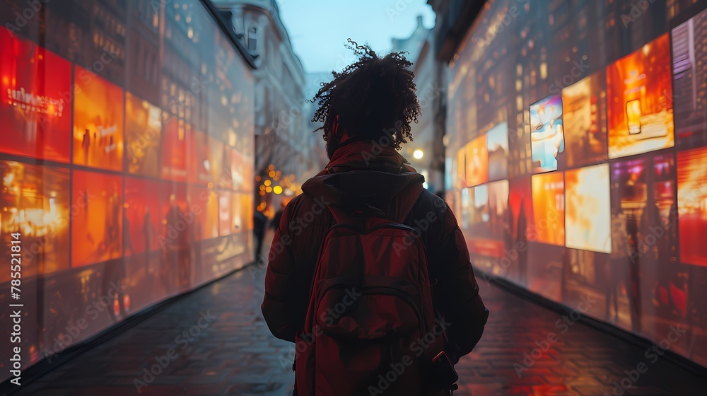 A street artist using a digital projection tool to animate their graffiti, bringing it to life with moving images and captivating visual effects