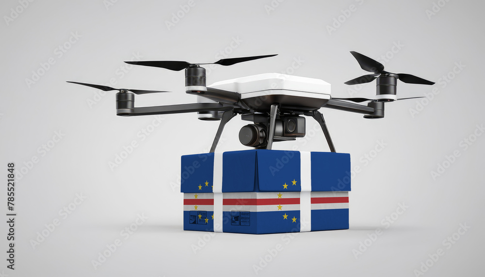 Fototapeta premium A drone carrying a box with the Cape Verde flag, symbolizing the future of e-commerce and logistics